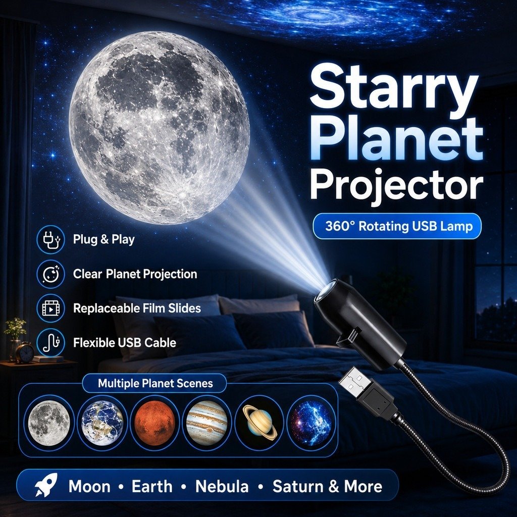 6-in-1 Galaxy Projector Lamp – USB Moon, Earth & Starry Sky Projection Light