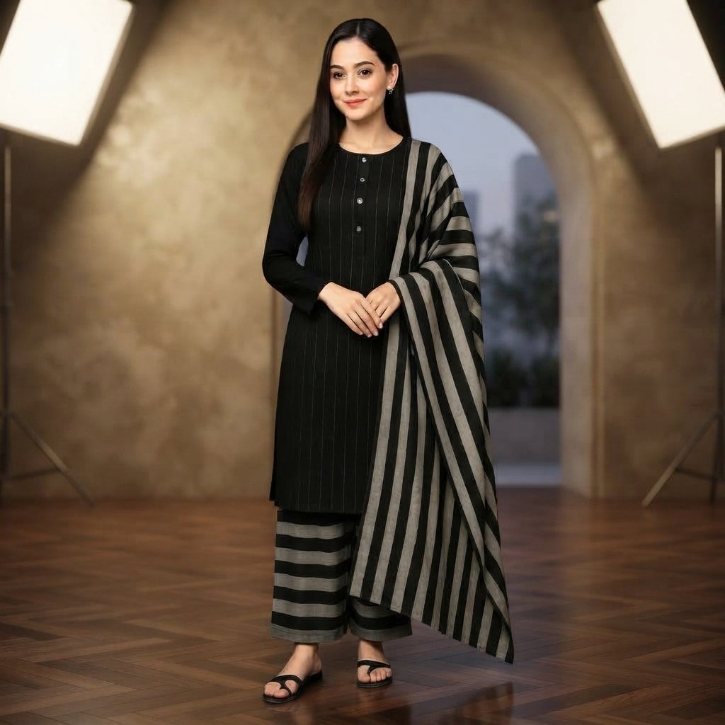 Unstitched Sussi Marina 3-Piece Suit – Black Printed Dress for Women